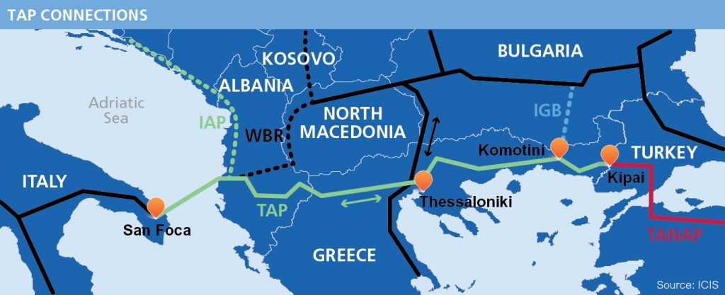 plynovod TAP vedoucí balkánskou trasou