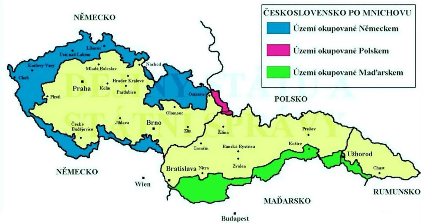 V důsledku mnichovské dohody přišlo Československo o svá historická pohraniční území sousedící s Německem, Polskem a Maďarskem.